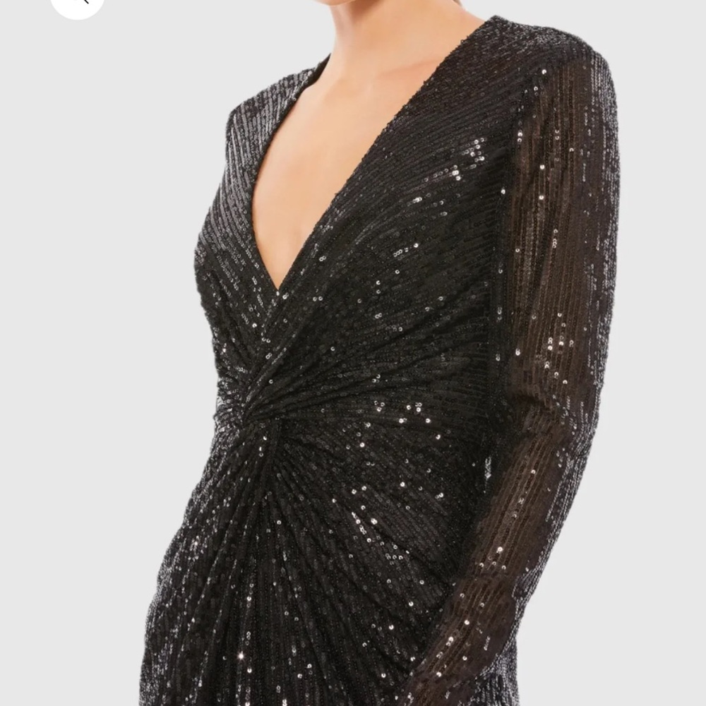 Mac Duggal Black Sequin Long Sleeve Dress below the knee length